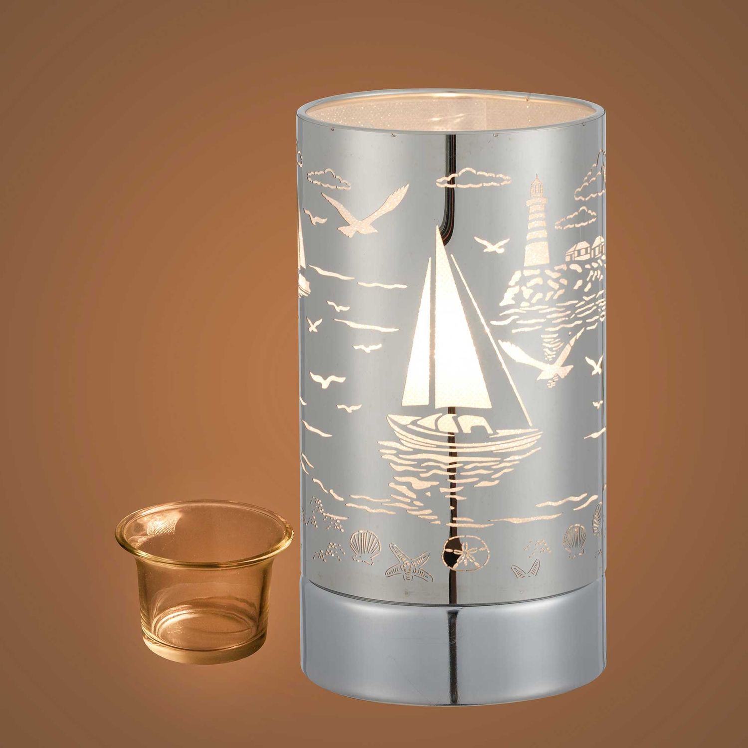 TP21817 - 7&quot; TOUCH LAMP / OIL + WAX WARMER - SILVER SAILBOAT