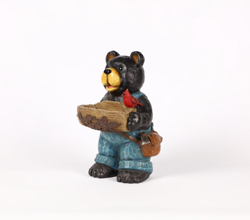 75619-E - BEAR HOLDS BIRD BATH W/CARDINAL / 16" H