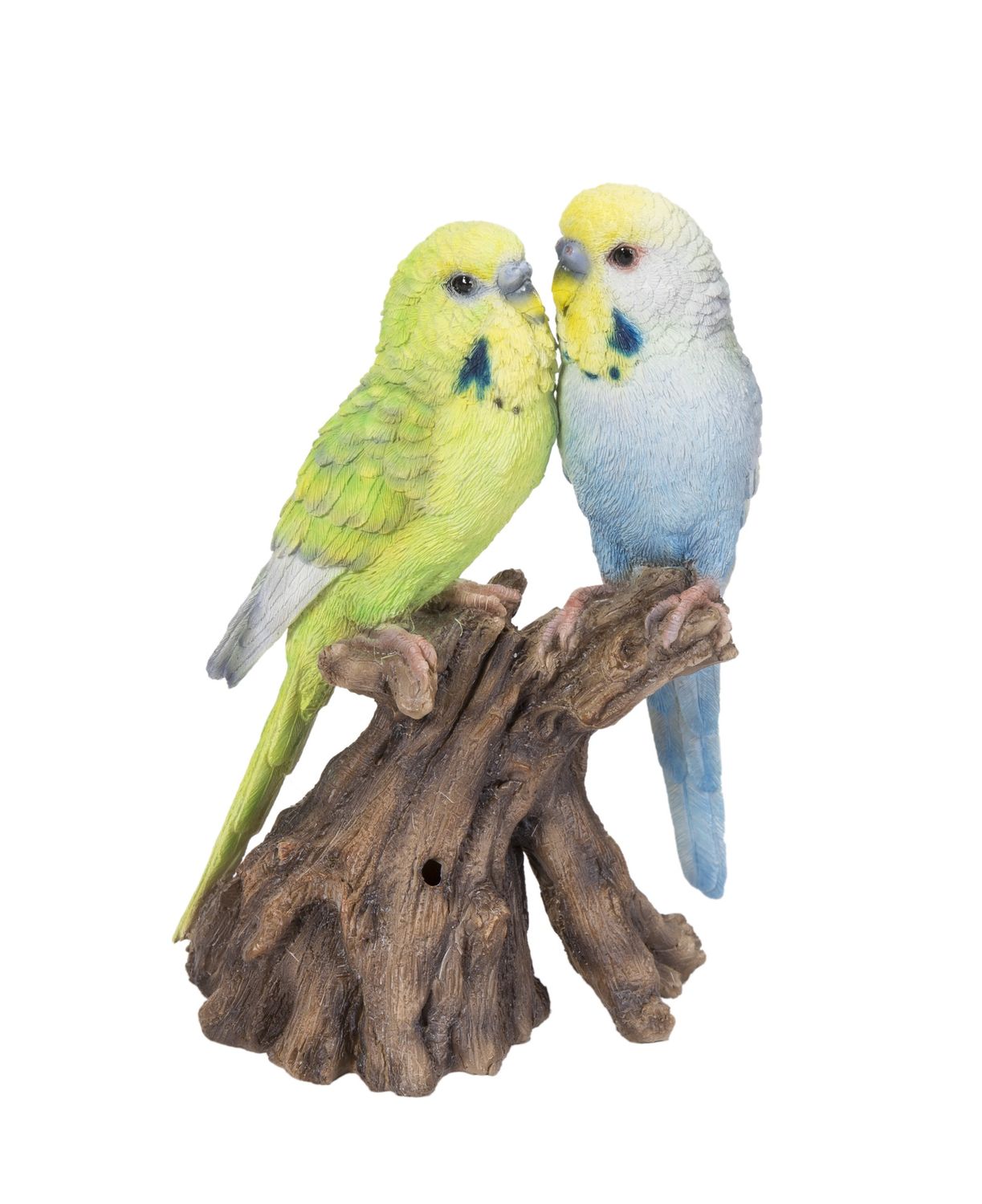 87675-F - MOTION ACTIVATED SINGING COUPLE BUDGERIGAR ON STUMP / 6.97&quot; H