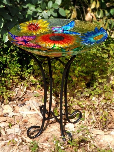 78415-C - SOLAR FLORAL GLASS BUTTERFLY BIRD BATH W/STAND / 21&quot; H