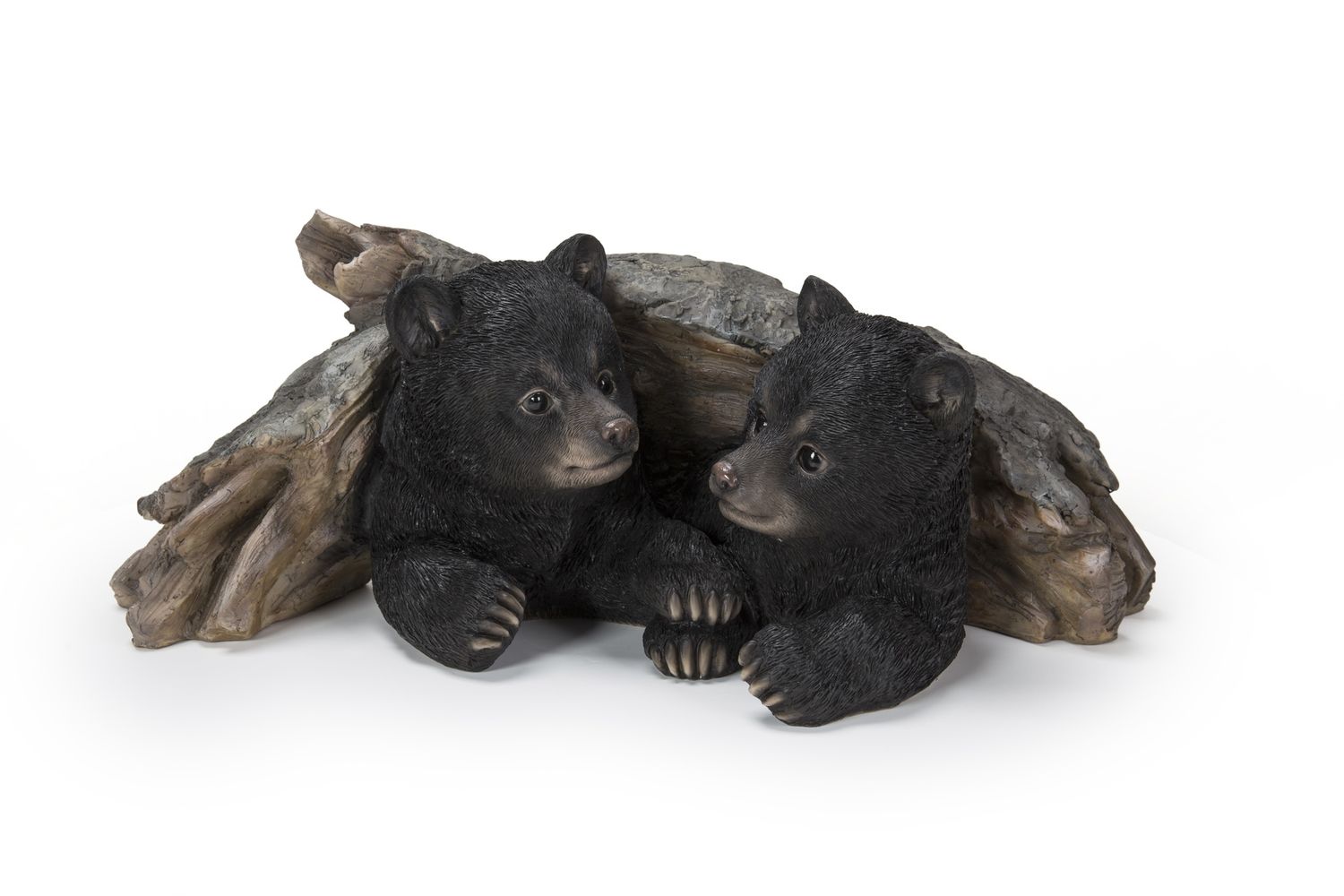 87957-E - BLACK BEAR CUBS HIDING UNDER LOG STATUE / 6.81&quot; H