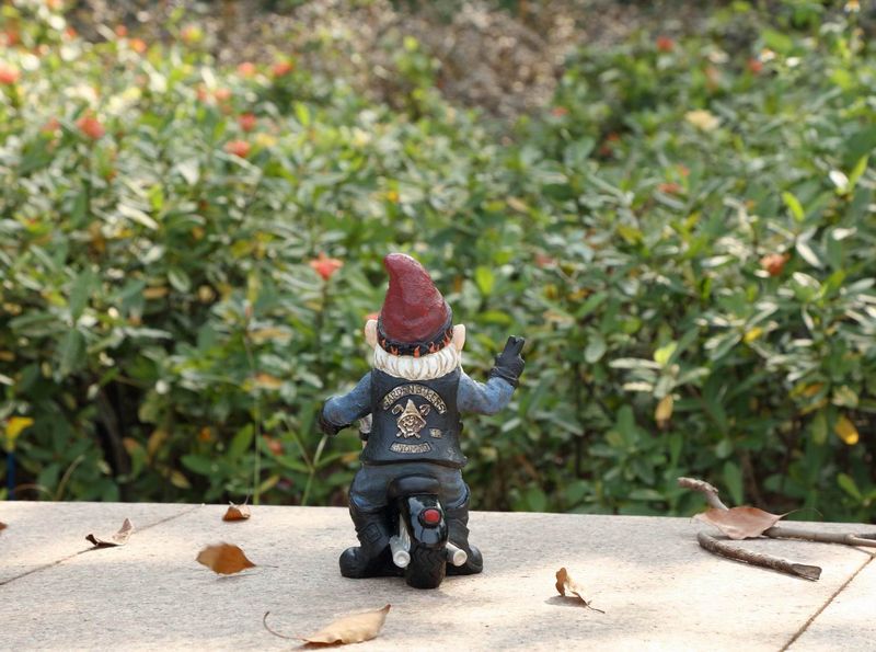 75616-W - GNOME W/PEACE SIGN RIDING MOTORCYCLE  / 9.25" H
