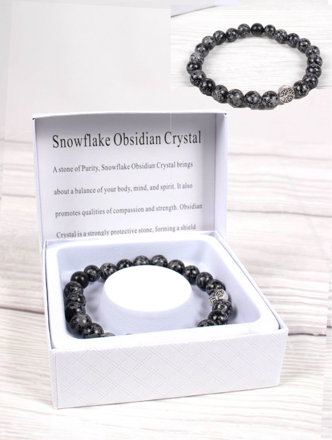 BR1242 - BLESSING BEAD BRACELET / SNOWFLAKE OBSIDIAN CRYSTAL