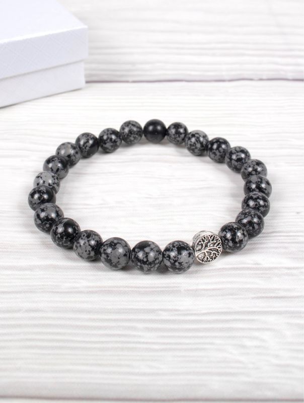 BR1242 - BLESSING BEAD BRACELET / SNOWFLAKE OBSIDIAN CRYSTAL