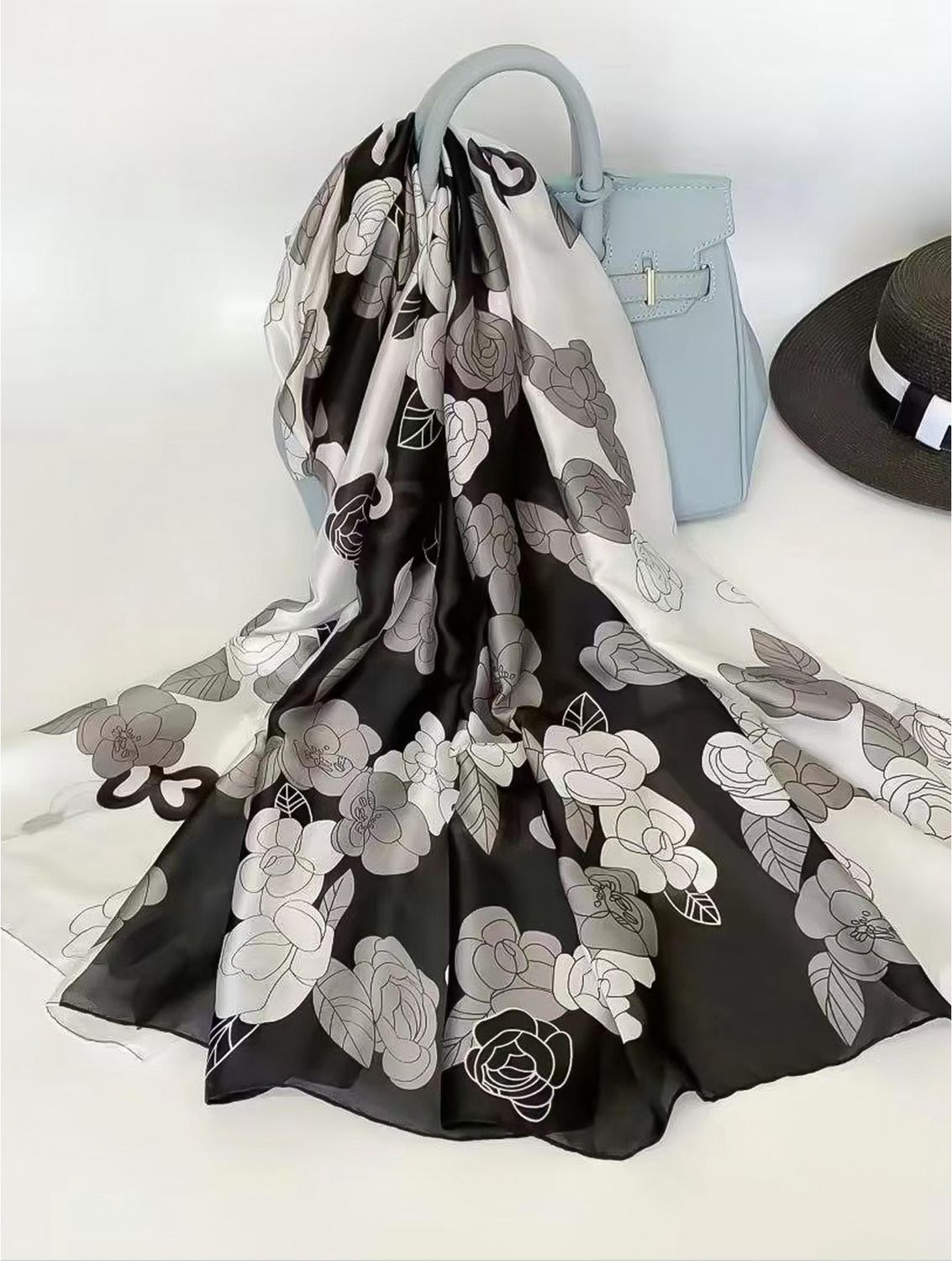 SF19816BK - SILK FEEL SCARF - FLORAL DESIGNER INSPIRED