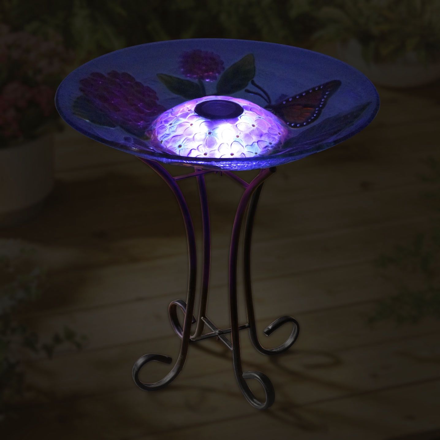 78415-D - SOLAR FLORAL GLASS MONARCH BUTTERFLY BIRD BATH W/STAND / 2.8&quot; H