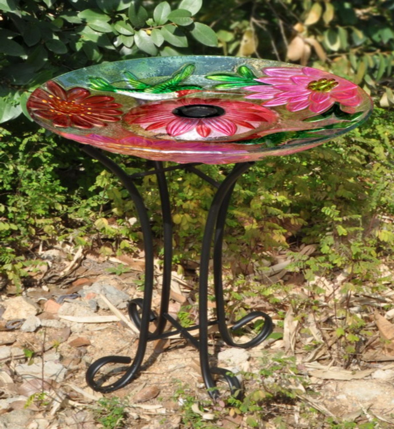 78415-B - SOLAR FLORAL GLASS HUMMINGBIRD BIRD BATH W/STAND / 21&quot; H