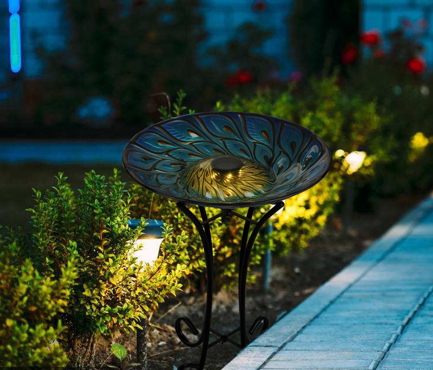 78415-E - SOLAR GLASS PEACOCK FEATHERS BIRD BATH W/STAND / 21&quot; H