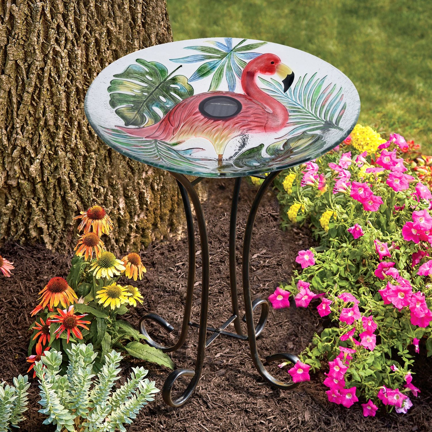 78415-K - SOLAR LED VERDANT GLASS BIRD BATH WITH STAND - FLAMINGO / 21&quot; H