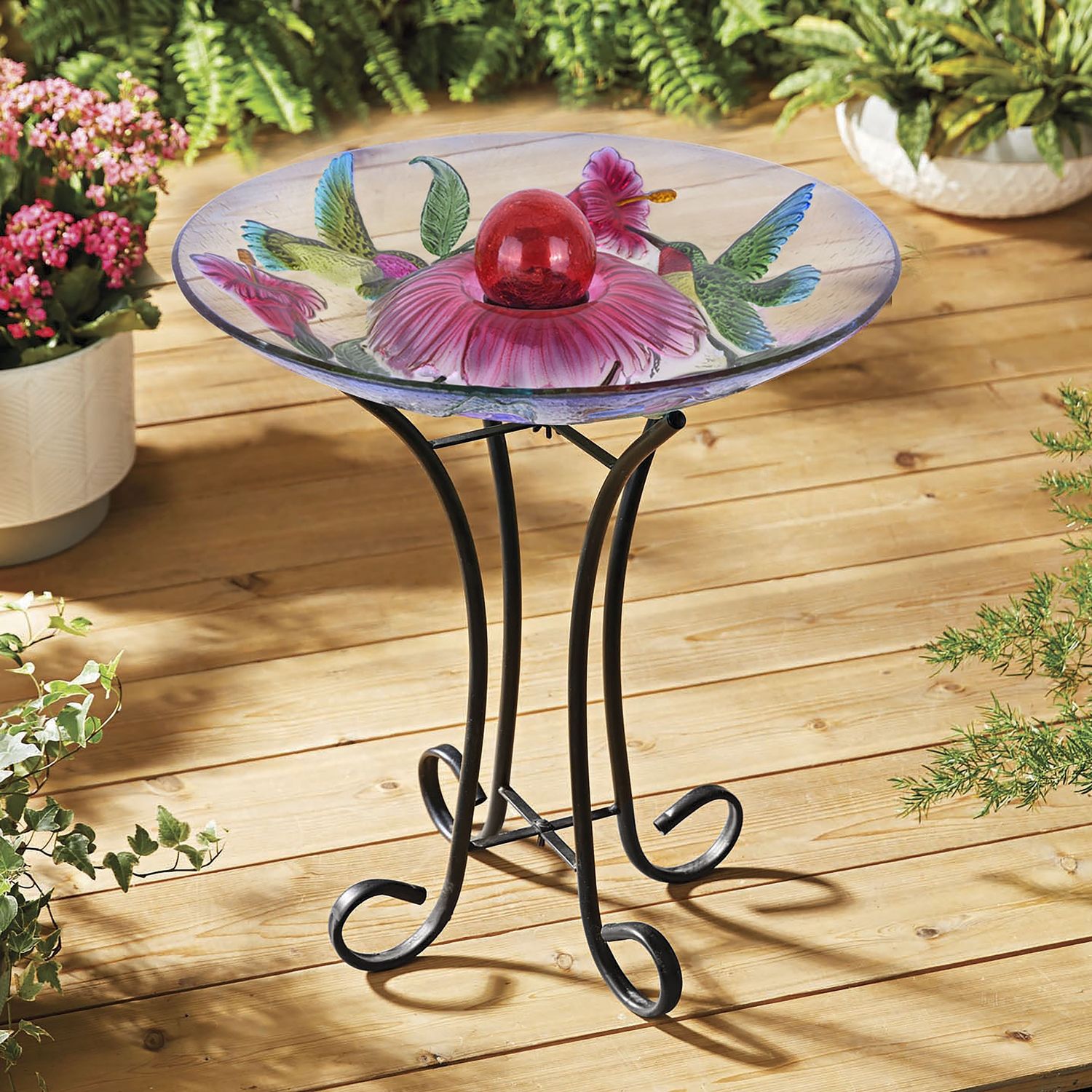 78415-G - SOLAR ORB FLORAL GLASS HUMMINGBIRD BIRD BATH W/STAND / 4.1&quot; H