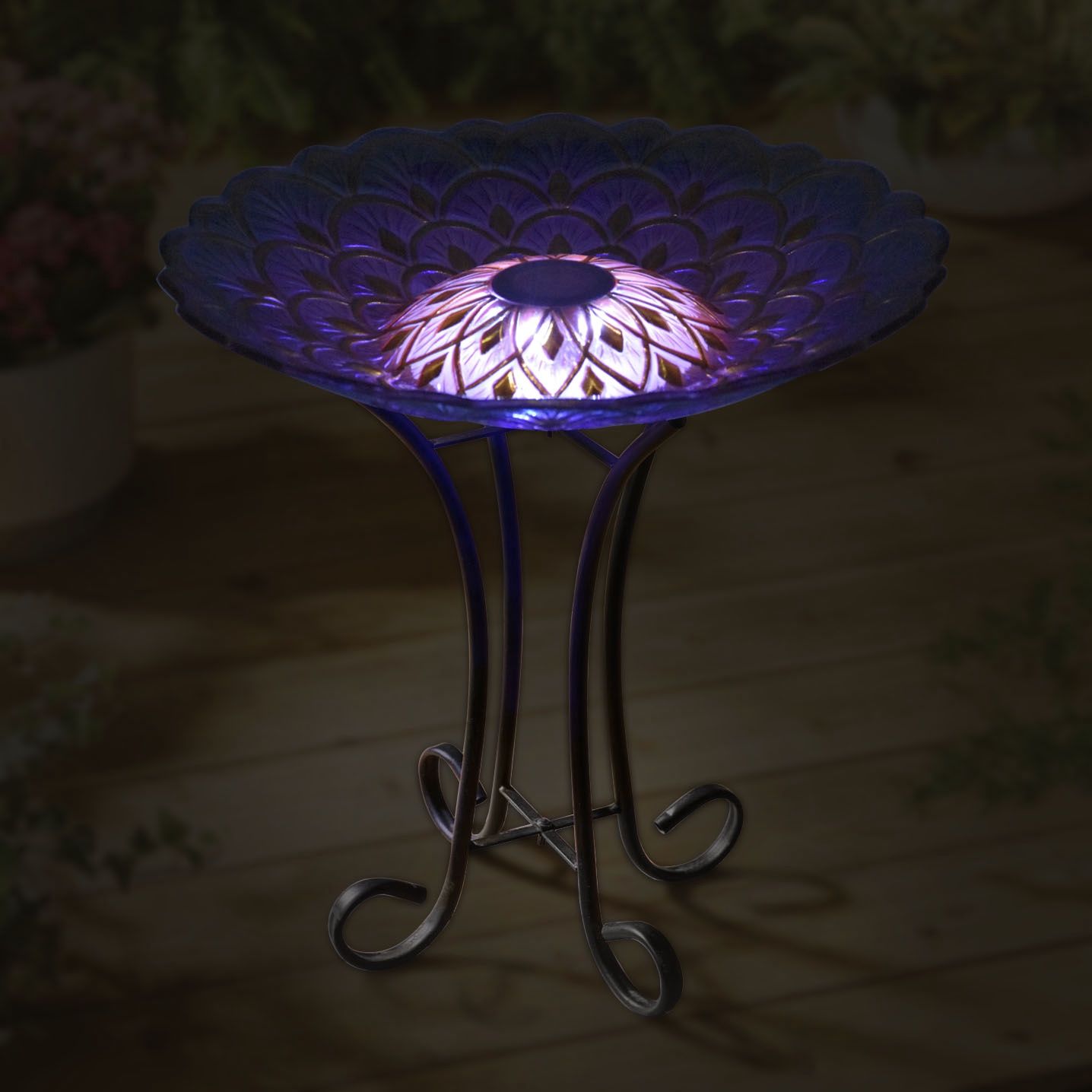 78415-H - SOLAR FLORAL GLASS BIRD BATH W/STAND / 21&quot; H