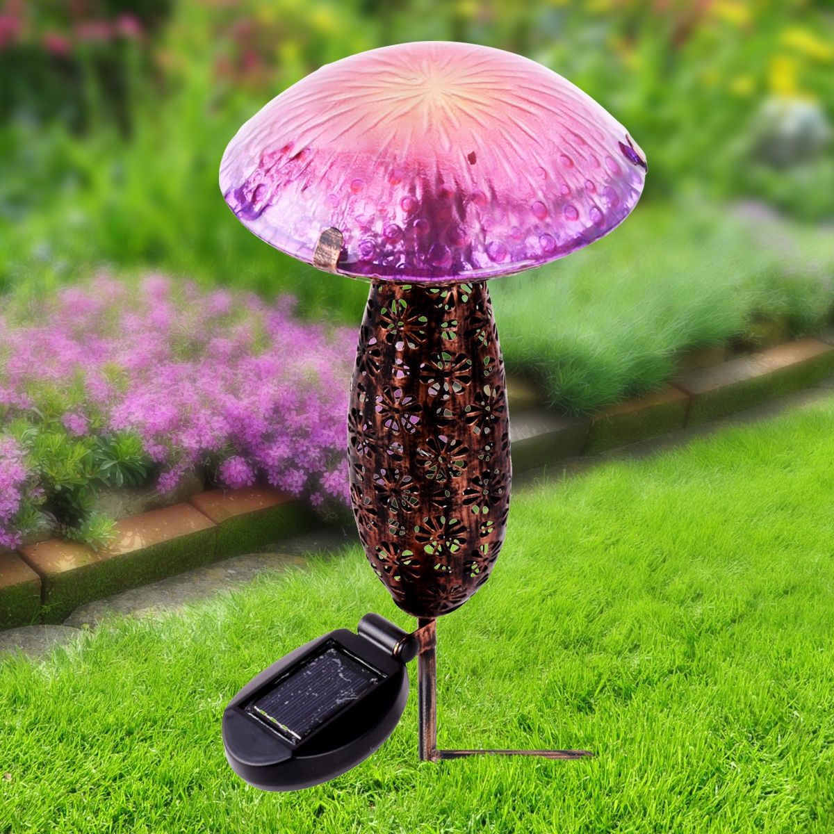 78417-B - METAL AND GLASS SOLAR MUSHROOM STAKE W/ LED - PINK AND PURPLE / 16.4&quot; H