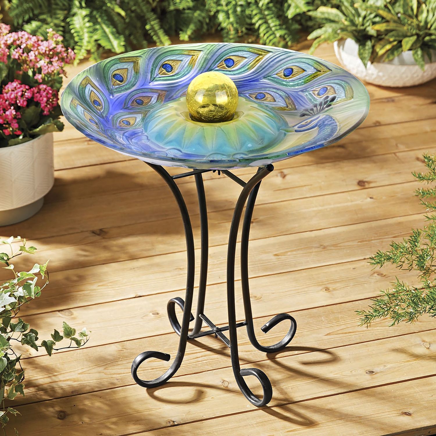 78415-F - SOLAR ORB PEACOCK GLASS BIRD BATH W/STAND / 2.8&quot; H