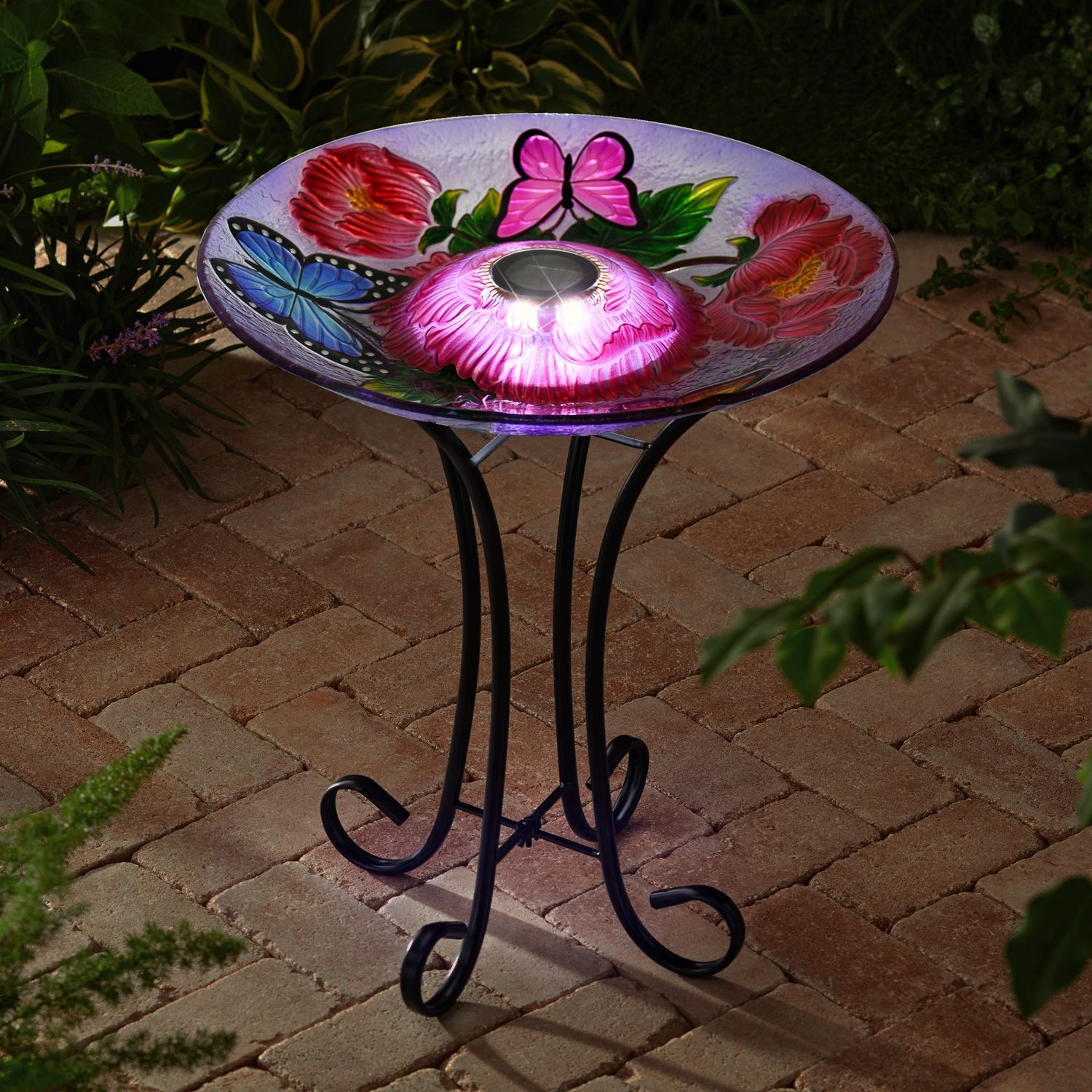 78415-L - SOLAR LED FLORAL GLASS BIRD BATH WITH STAND - BUTTERFLIES &amp; PEONIES / 21&quot; H