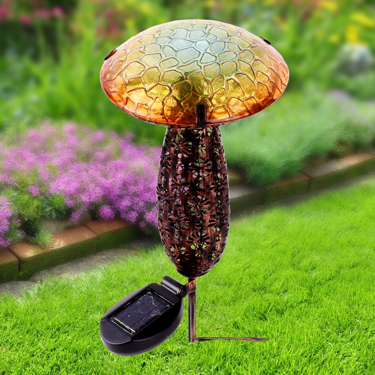 78417-C - METAL AND GLASS SOLAR MUSHROOM STAKE W/ LED - YELLOW / 16.4&quot; H