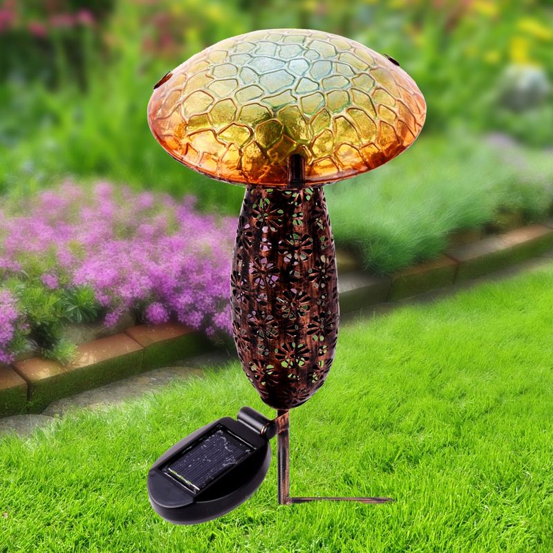 78417-C - METAL AND GLASS SOLAR MUSHROOM STAKE W/ LED - YELLOW / 16.4&quot; H