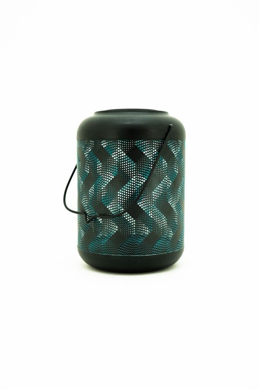 78419-C - SOLAR METAL LANTERN-9 INCH BLACK AND BLUE WAVE W/ WW LED / 9.06" H