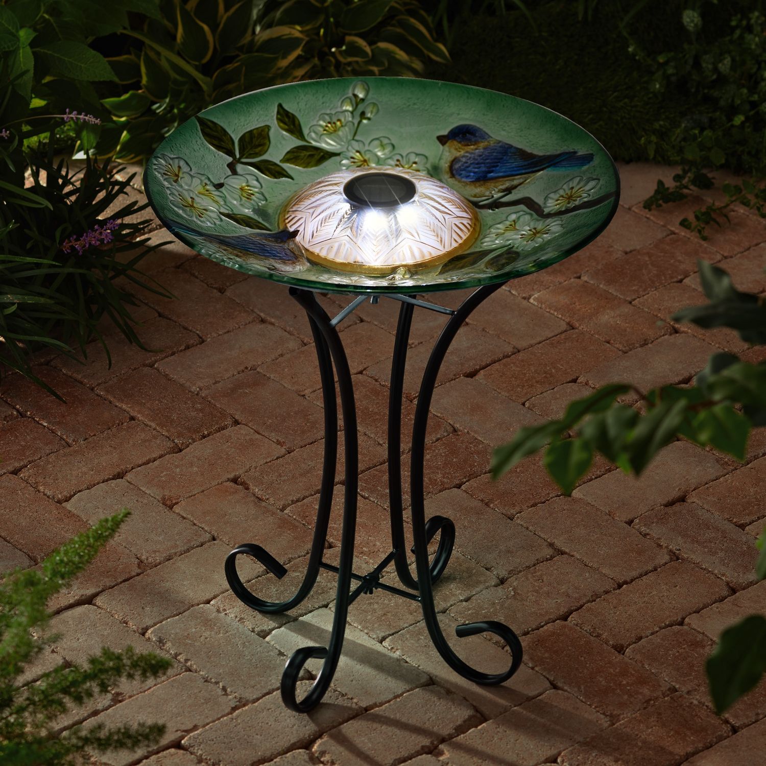 78415-J - SOLAR LED FLORAL GLASS BIRD BATH WITH STAND - BLUE BIRD &amp; PEACH BLOSSOM / 21&quot; H