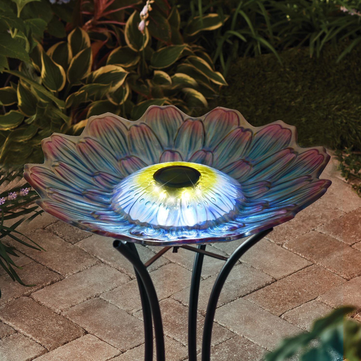 78415-Q - SOLAR LED FLORAL GLASS BIRD BATH WITH STAND - PURPLE &amp; PURPLE DAHLIA / 21&quot; H
