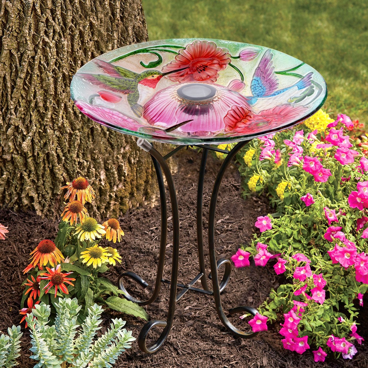78415-M - SOLAR LED FLORAL GLASS BIRD BATH WITH STAND - HUMMINGBIRD &amp; POPPIES / 21&quot; H