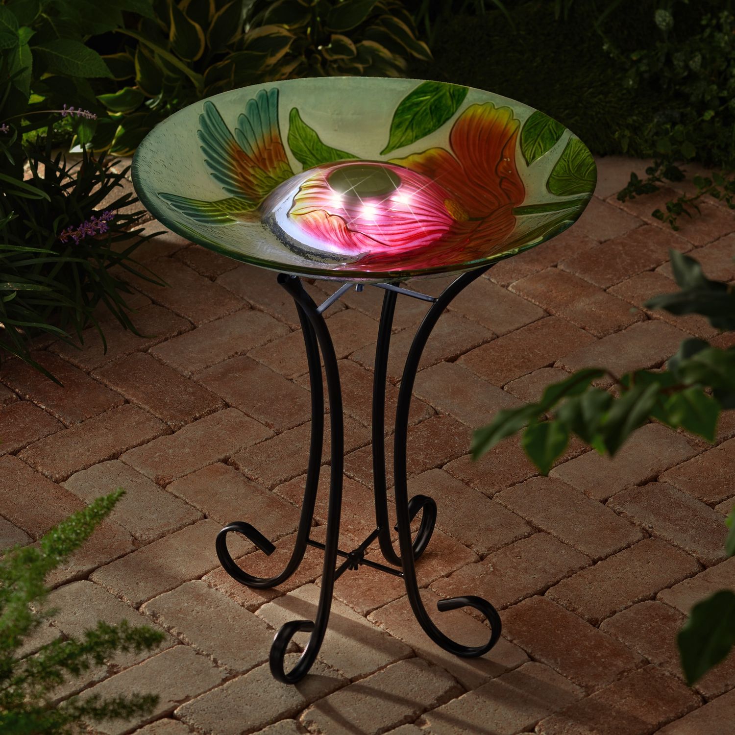78415-N - SOLAR LED FLORAL GLASS BIRD BATH WITH STAND - HUMMINGBIRD &amp; LARGE POPPY / 21&quot; H