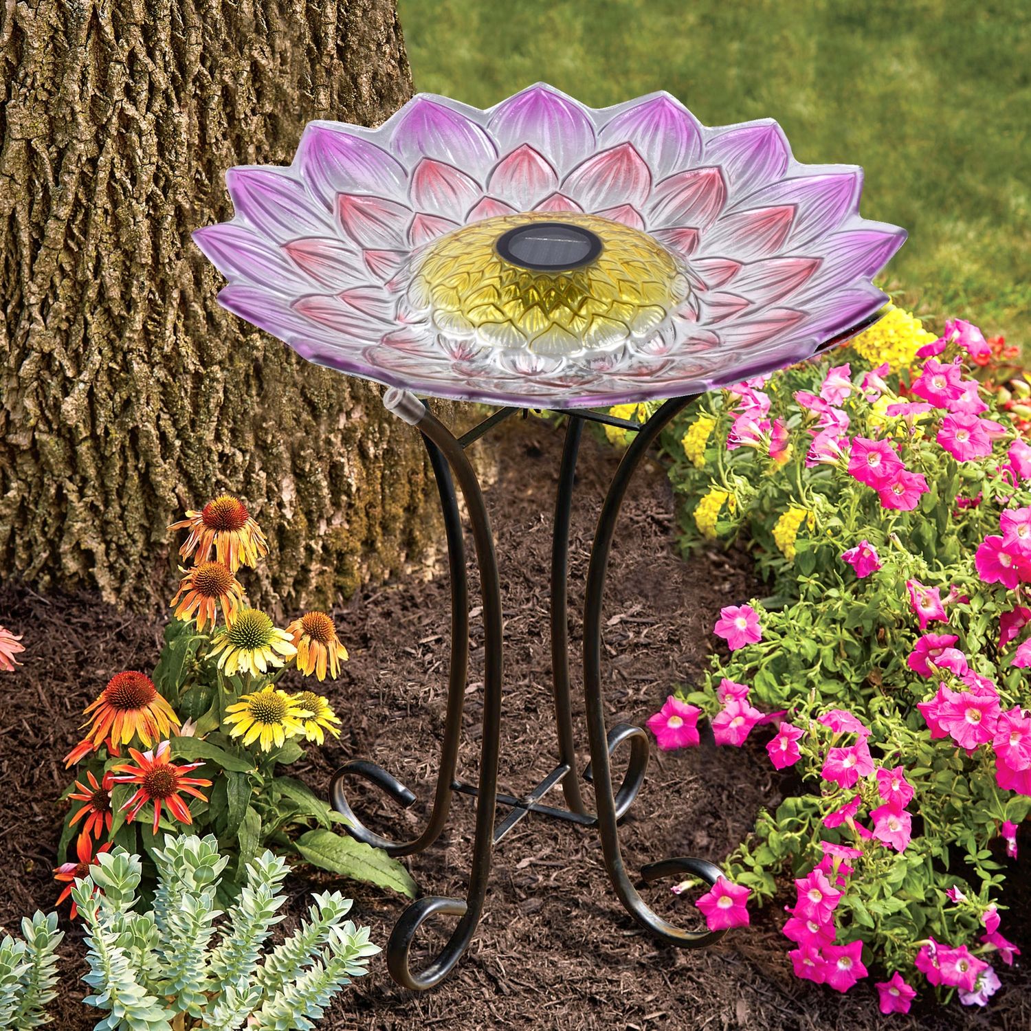 78415-O - SOLAR LED FLORAL GLASS BIRD BATH WITH STAND - PINK DAHLIA / 21&quot; H