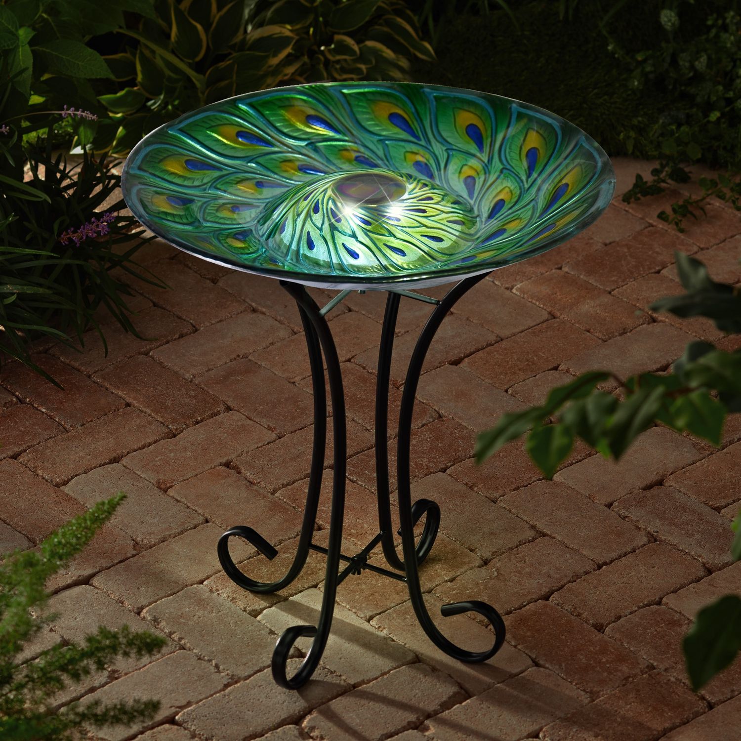 78415-P - SOLAR GLASS TURQUOISE PEACOCK FEATHERS BIRD BATH WITH STAND / 21&quot; H