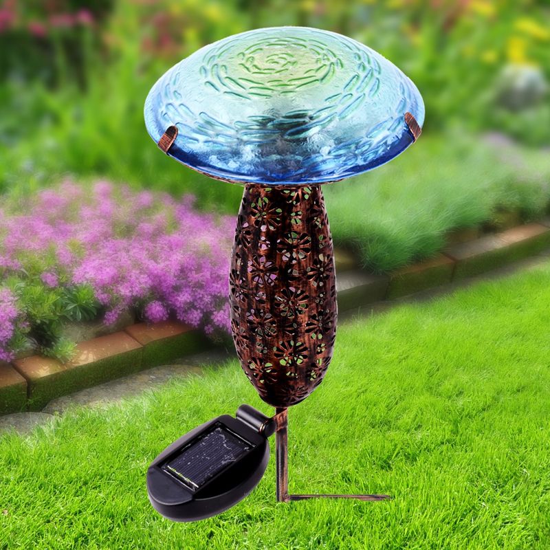 78417-A - METAL AND GLASS SOLAR MUSHROOM STAKE W/ LED - BLUE / 16.4&quot; H