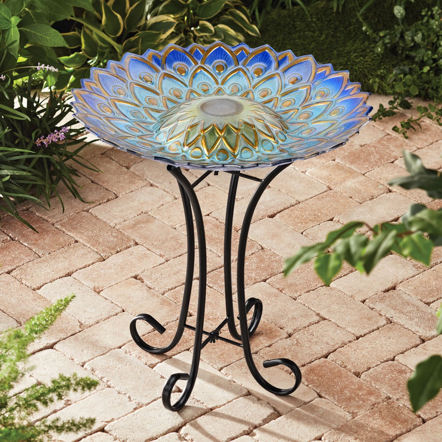 78415-R - SOLAR PEACOCK BLUE GEOMETRIC GLASS BIRD BATH WITH STAND / 21&quot; H