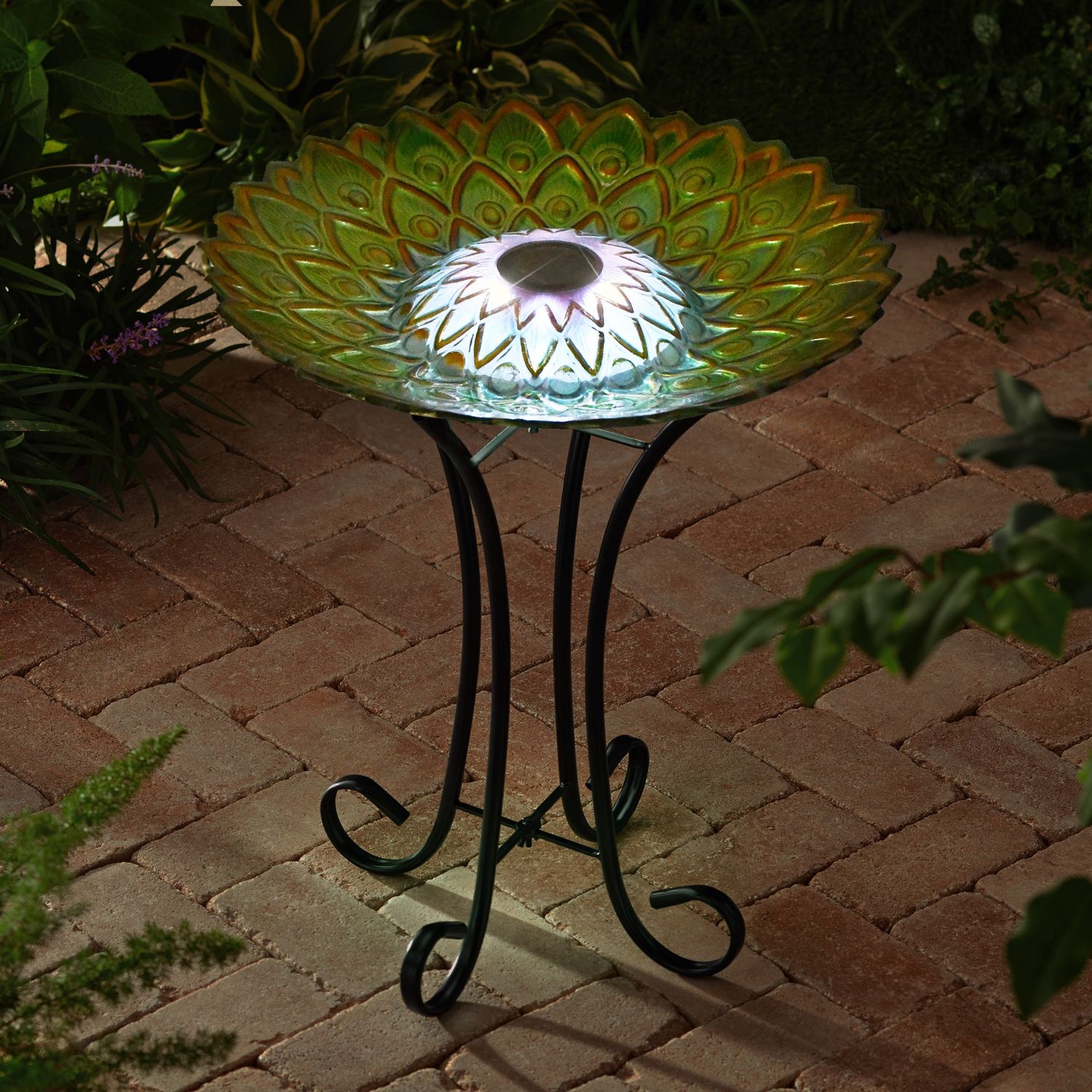 78415-S - SOLAR PEACOCK GREEN GEOMETRIC GLASS BIRD BATH WITH STAND / 21&quot; H