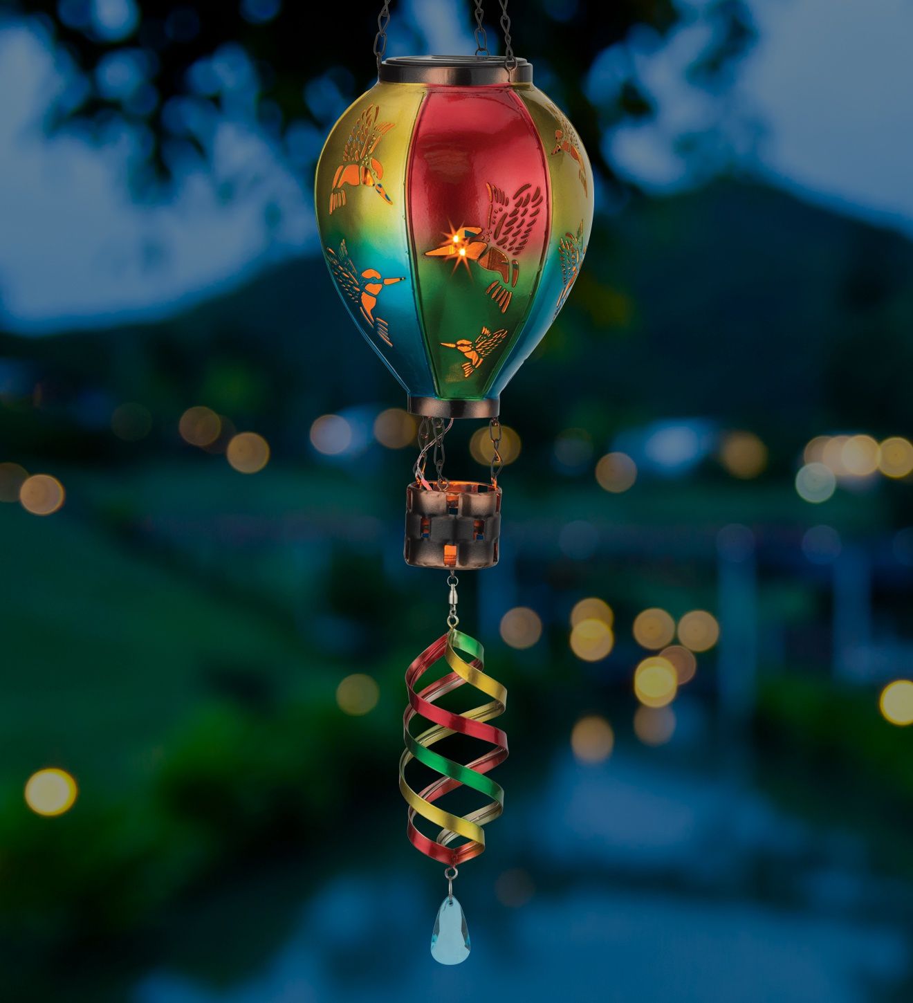 13516 - HOT AIR BALLOON SPINNING SOLAR LANTERN - HUMMINGBIRD