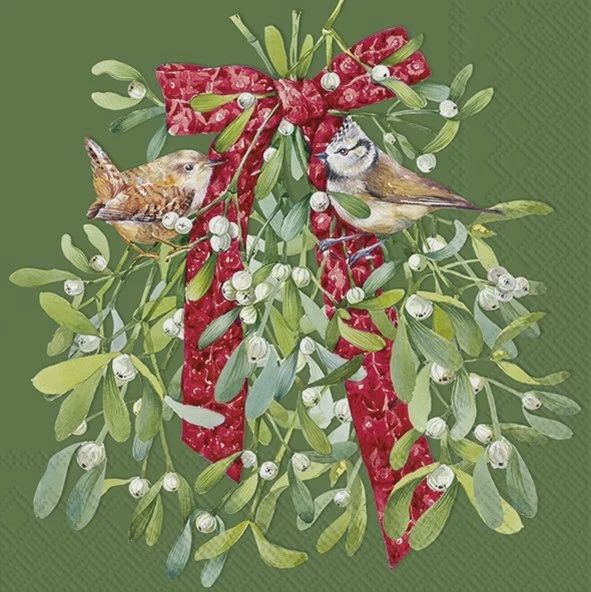 L1088620 - LUNCHEON NAPKIN / BIRDS IN MISTLETOE GREEN