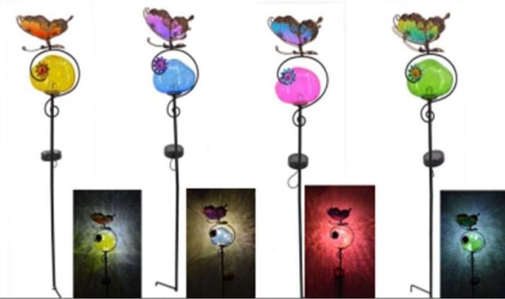 GA22552 - SOLAR CRACKLE GLASS STAKE W/ 3D BUTTERFLY / ASST