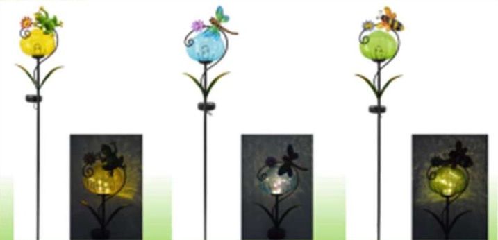 GA22558 - SOLAR CRACKLE GLASS BALL STAKE W/ METAL INSECT / ASST