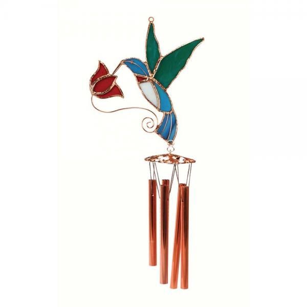GE138 - WIND CHIME - STAINED GLASS / HUMMINGBIRD W/RED FLOWER