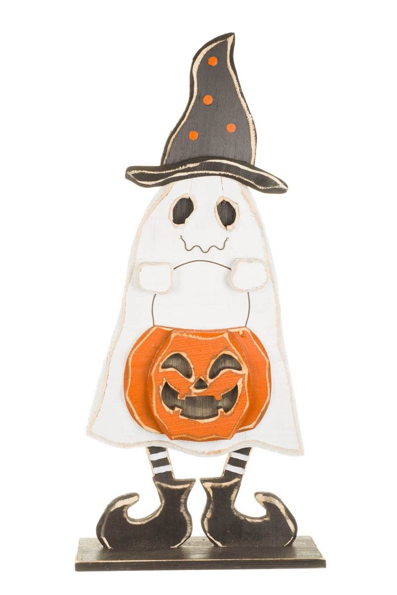 S3041 - PORCH SITTER - WOODEN GHOST W/WITCH HAT