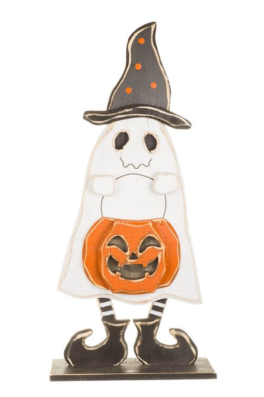 S3041 - PORCH SITTER - WOODEN GHOST W/WITCH HAT