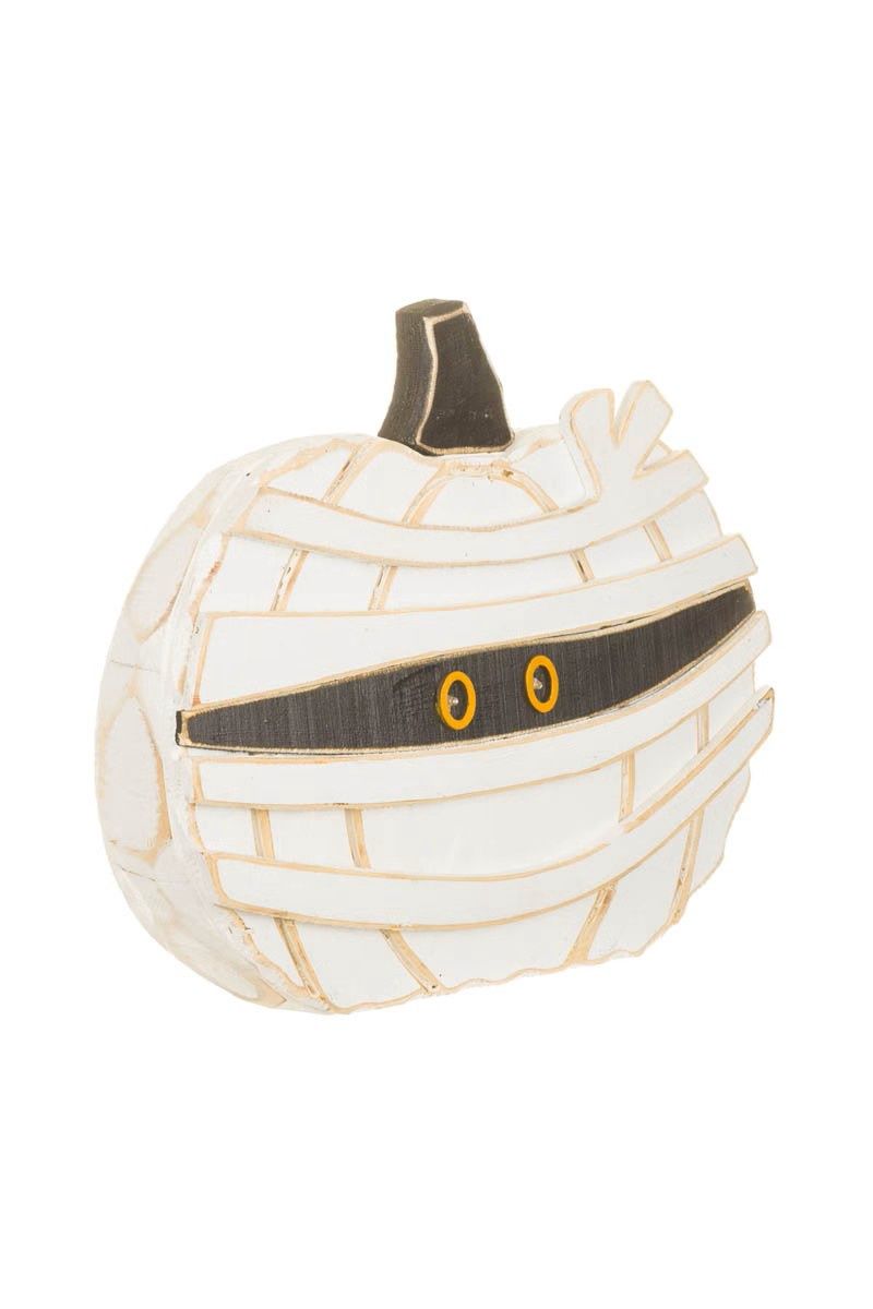 S3038 - PORCH SITTER - WOODEN PUMPKIN MUMMY W/LED LIGHTED EYES