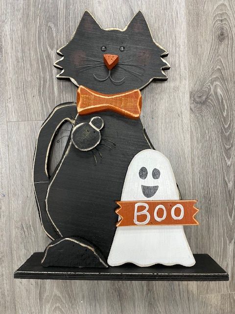 S3037C - PORCH SITTER - WOODEN CAT+GHOST W/SPIDER