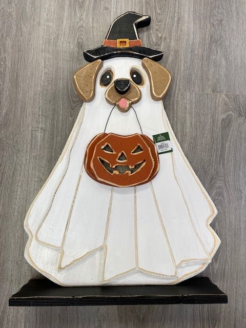 S3036 - PORCH SITTER - WOODEN GHOST PUPPY W/WITCH HAT