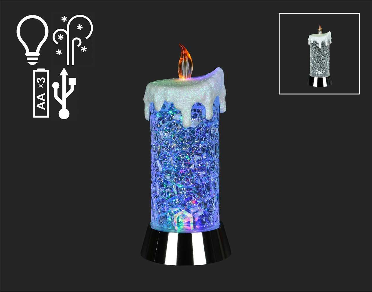 E8113 - 9&quot; COLOURFUL ILLUMINATING SPINNING WATER GLITTER CANDLE