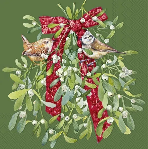 L1088620 - LUNCHEON NAPKIN / BIRDS IN MISTLETOE GREEN