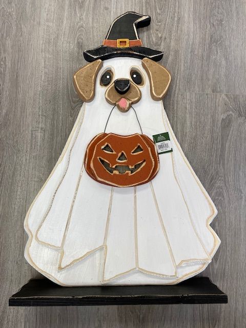 S3036 - PORCH SITTER - WOODEN GHOST PUPPY W/WITCH HAT