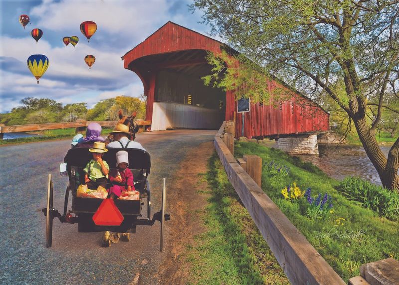 1000 PC - 453 - PUZZLE - COVERED BRIDGE WITH BUGGY
