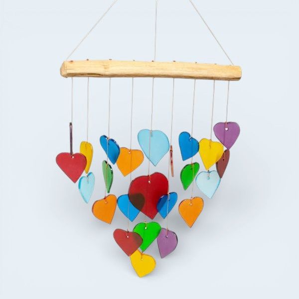 GEBLUEG800 - GLASS CHIME - SEAGLASS / RAINBOW HEARTS