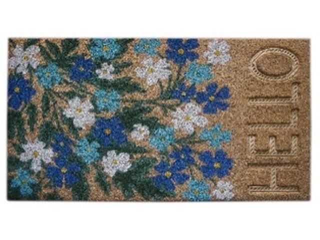 J-083-AB - EMBOSSED COIR DOOR MAT (BLUE &amp; WHITE BLOOMS - HELLO)