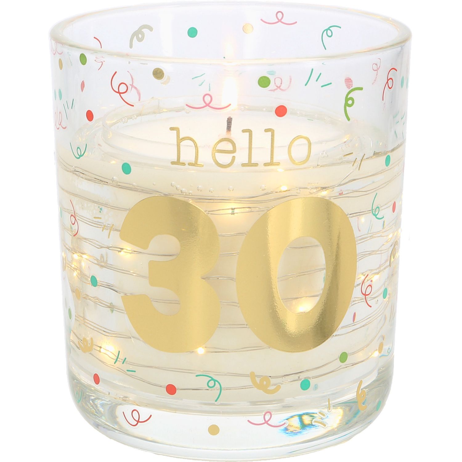 75384 - SOY CANDLE W/LED LIGHT ACCENTS / HELLO 30