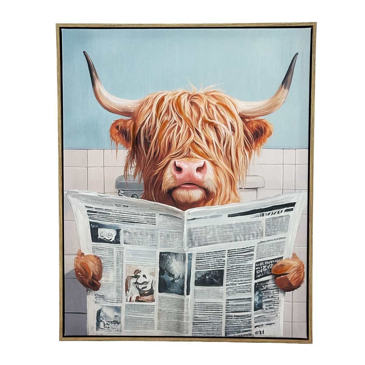 MLH412 - CANVAS SIGN - HIGHLAND COW READING NEWSPAPER IN THE LOO