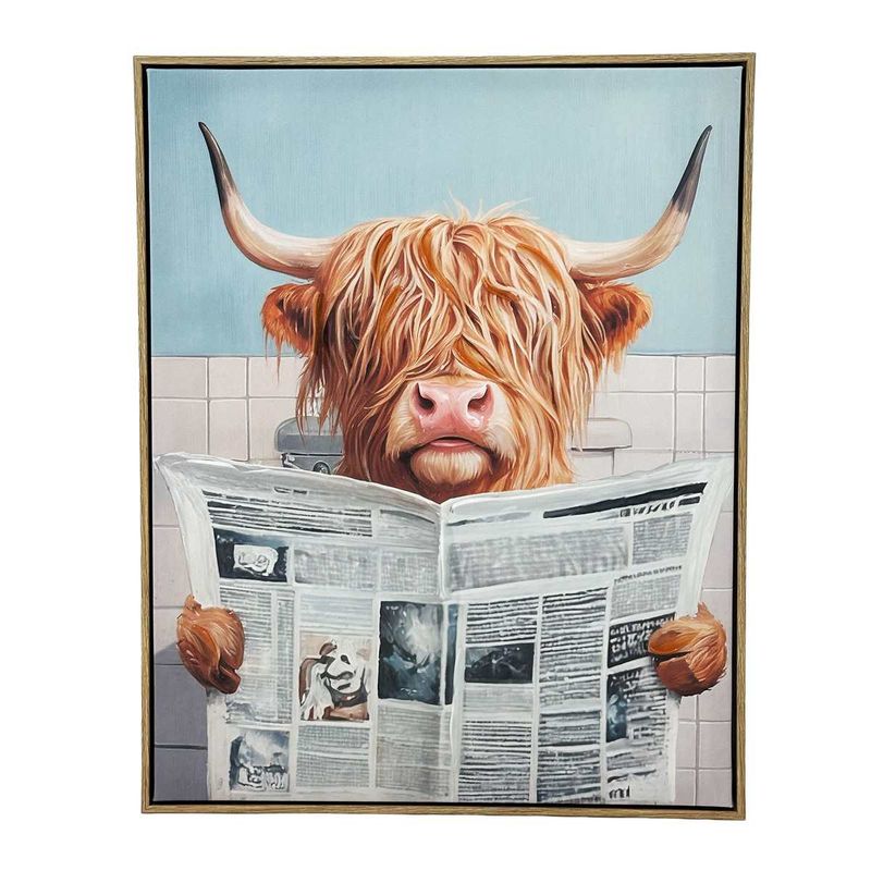 MLH412 - CANVAS SIGN - HIGHLAND COW READING NEWSPAPER IN THE LOO