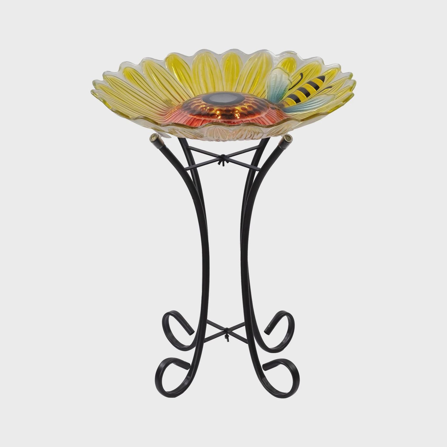 78415-W - SOLAR LED VERDANT GLASS BIRD BATH WITH STAND - SUNFLOWER/BEE / 21" H
